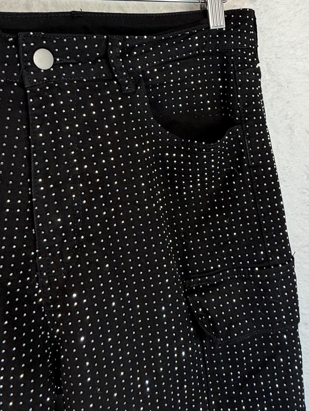 Rhinestone Cargo Pants Black Sparkly Wide Leg Y2K Glam Stretch Size 12 - Picture 6 of 11